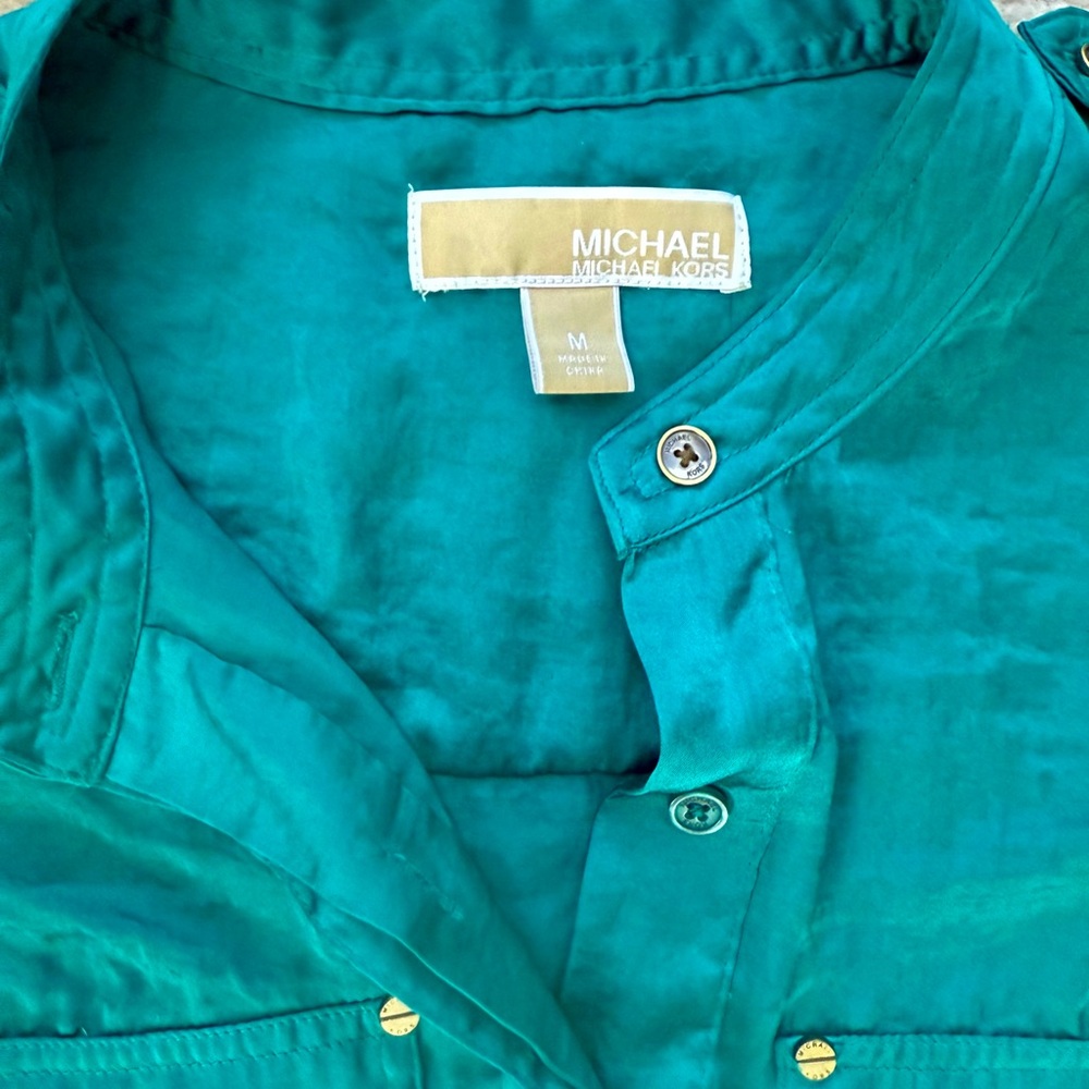 Michael Kors Blue-Green Teal Button Up Utility Shirt Top | Vintage Sheer Blouse - Picture 13 of 13